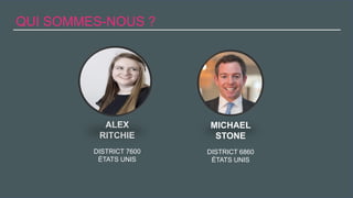 Réunion Rotaract
Préconvention 2019 #Rotaract19
QUI SOMMES-NOUS ?
MICHAEL
STONE
DISTRICT 6860
ÉTATS UNIS
ALEX
RITCHIE
DISTRICT 7600
ÉTATS UNIS
 