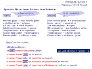 Optimal A1 / Lektion 4 ___________________________________________Tagesablauf-Arbeit-Freizeit Sprechen Sie mit Ihrem Partner / Ihrer Partnerin. nach Amerika gehen    in die Stadt gehen Musik  machen     Musik hören  zum Theater gehen    singen  CDs produzieren     zur Ausstellung gehen Jazz spielen     Gitarre spielen Theater spielen     in Filmen spielen  Pläne machen     ins Konzert gehen Konzerte geben     nach Amerika gehen in die Stadt gehen     arbeiten auf Tour  sein     Musik  machen  Ballettmusik komponieren     singen  CDs produzieren     ein Experiment machen Jazz spielen     Gitarre spielen  Theater spielen     in Filmen spielen  Ich bin Musiker(in). Ich …  Ich bin  Student(in). Ich …  Beispiel:  ins Konzert gehen Ich gehe ins Konzert. In meiner Freizeit  gehe  ich ins Konzert. In meiner Freizeit  gehe  ich  manchmal am Wochenende  ins Konzert. In meiner Freizeit  gehe  ich  manchmal  ins Konzert. In meiner Freizeit  gehe  ich  manchmal am Wochenende  mit Petra  ins Konzert. Ich gehe  in meiner Freizeit  ins Konzert. Das Verb ist immer in Position 2 Freizeit Arbeit 
