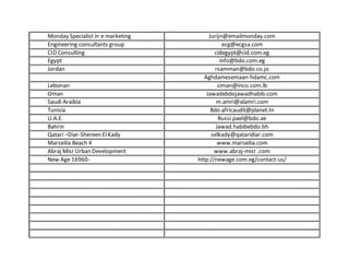 Monday Specialist in e marketing Jurijn@emailmonday.com
Engineering consultants group ecg@ecgsa.com
CID Consulting cidegypt@cid.com.eg
Egypt info@bdo.com.eg
Jordan rsamman@bdo.co.jo
Aghdamesemaan-hdamc.com
Lebonan siman@inco.com.lb
Oman Jawadebdojawadhabib.com
Saudi Araibia m.amri@alamri.com
Tunisia Bdo.africaudit@planet.tn
U.A.E. Russi.pael@bdo.ae
Bahrin Jawad.habibebdo.bh
Qatari –Diar-Shereen El Kady selkady@qataridiar.com
Marseilia Beach 4 www.marseilia.com
Abraj Misr Urban Development www.abraj-misr .com
New Age 16960- http://newage.com.eg/contact-us/
 