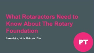 Encontro Rotaract Pré-
Convenção de 2019
#Rotaract19
What Rotaractors Need to
Know About The Rotary
Foundation
Sexta-feira, 31 de Maio de 2019
PT
 