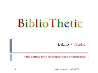 Considerthistoolbecause10/26/2009Júlio dos Anjos53Easy to create “search boxes” for all kinds of purposes Short bibliographies,  Long bibliographies, your Science Fiction collection,  your Business Management  collection, your Whatever collection …You can have always a list of books and some passages where the “search terms” occur in the paper resourcesGoogle Book Search box is not easily embeddableAnyway,  books are notavailable to readthroughthrough Google Books, butyoubookshelves are.
