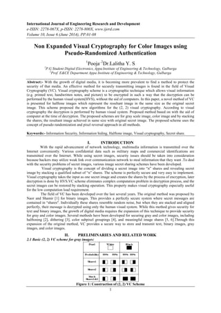 International Journal of Engineering Research and Development
e-ISSN: 2278-067X, p-ISSN: 2278-800X, www.ijerd.com
Volume 10, Issue 6 (June 2014), PP.01-08
1
Non Expanded Visual Cryptography for Color Images using
Pseudo-Randomized Authentication
1
Pooja, 2
Dr.Lalitha Y. S
1
P.G Student Digital Electronics, Appa Institute of Engineering & Technology, Gulbarga
2
Prof. E&CE Department Appa Institute of Engineering & Technology, Gulbarga
Abstract:- With the growth of digital media, it is becoming more prevalent to find a method to protect the
security of that media. An effective method for securely transmitting images is found in the field of Visual
Cryptography (VC). Visual cryptography scheme is a cryptographic technique which allows visual information
(e.g. printed text, handwritten notes, and picture) to be encrypted in such a way that the decryption can be
performed by the human visual system(HVS), without the aid of computers. In this paper, a novel method of VC
is presented for halftone images which represent the resultant image in the same size as the original secret
image. This scheme proposed the new algorithms for the (2, 2) visual cryptography. According to visual
cryptography the decryption is performed by human visual system. Proposed method based on with the aid of
computer at the time of decryption. The proposed schemes are for gray scale image, color image and by stacking
the shares; the resultant image achieved in same size with original secret image. The proposed scheme uses the
concept of pseudo randomization and pixel reversal approach in all methods.
Keywords:- Information Security, Information hiding, Halftone image, Visual cryptography, Secret share.
I. INTRODUCTION
With the rapid advancement of network technology, multimedia information is transmitted over the
Internet conveniently. Various confidential data such as military maps and commercial identifications are
transmitted over the Internet. While using secret images, security issues should be taken into consideration
because hackers may utilize weak link over communication network to steal information that they want .To deal
with the security problems of secret images, various image secret sharing schemes have been developed.
Visual cryptography is the concept of dividing a secret image into “n” shares and revealing secret
image by stacking a qualified subset of “n” shares. The scheme is perfectly secure and very easy to implement.
Visual cryptography takes the input as one secret image and creates the shares by the process of encryption, later
decryption is done by HVS.VC scheme eliminates complex computation problem in decryption process, and the
secret images can be restored by stacking operation. This property makes visual cryptography especially useful
for the low computation load requirement.
The field of VC has been developed over the last several years. The original method was proposed by
Naor and Shamir [1] for binary images. This provides a perfectly secure system where secret messages are
contained in “shares". Individually these shares resemble random noise, but when they are stacked and aligned
perfectly, their message is decrypted using only the human visual system. While this method gives security for
text and binary images, the growth of digital media requires the expansion of this technique to provide security
for gray and color images. Several methods have been developed for securing gray and color images, including
halftoning [2], dithering [3], color subpixel groupings [4], and meaningful image shares [5, 6].Through this
expansion of the original method, VC provides a secure way to store and transmit text, binary images, gray
images, and color images.
II. PRELIMINARIES AND RELATED WORK
2.1 Basic (2, 2) VC scheme for gray images:
Figure 1: Construction of (2, 2) VC Scheme
 