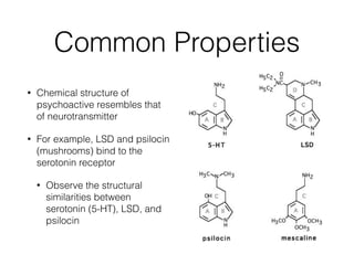 Common Properties
• Chemical structure of
psychoactive resembles that
of neurotransmitter
• For example, LSD and psilocin
(mushrooms) bind to the
serotonin receptor
• Observe the structural
similarities between
serotonin (5-HT), LSD, and
psilocin
 