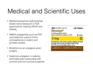 Medical and Scientiﬁc Uses
• Methamphetamine hydrochloride
(trade name Desoxyn) is FDA
approved for treating ADHD and
obesity
• NMDA antagonists such as PCP
and ketamine used to mimic
schizophrenia in rodent and
primate models
• Morphine as an analgesic post-
surgery
• Ketamine analgesic in rodents;
eliminates pain associated with
survival and non-survival surgeries
 