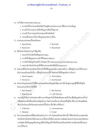บ้านสอบครูwww.sobkroo.com
30
36. Data rate
1. F กF F F Track F ก F F
2. ก F - ก F ก กF F CPU
3. ก F กF
4. ก F F F
37. F ก
1. Record/track 2. Byte/inch
3. Byte/sector 4. Record/inch
38. F ก F (Tap) F ก F
1. ก F Index
2. ก F F F (Direct)
3. ก ก F 2 ก Unblocked record Blocked record
4. ก F Fก (Interactive)
39. F F F F F ก ก F F F F
F F F F F ˈ Fก ก F
1. Host Computer 2. Work Station
3. File Server 4. Star Network
40. F F F ก F F ก F F F
F F F F
1. Star Network 2. Bus Network
3. Ring Network 4. LAN Network
41. F F ก F F F ก ˂ F F ก
˂ ก F Fก ก F ˈ F F F
F F ก F ˈ ก ก F
1. VideoText 2. Communication
3. Database 3. E-mail
42. F F ก F 1 F F ก
F ก F F F ก
ก F F ก F F F F F F ก F F
ก F
แนวข้อสอบครูผู้ช่วยวิชาเอกคอมพิวเตอร์ ; บ้านสอบครู 30
 