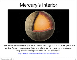 Mercury’s Interior




  The metallic core extends from the center to a large fraction of the planetary
    radius. Radar observations show that the core or outer core is molten.
                          Image credit: Nicolle Rager Fuller, National Science Foundation
                            http://www.jpl.nasa.gov/news/news.cfm?release=2007-050


Thursday, March 4, 2010                                                                     25
 