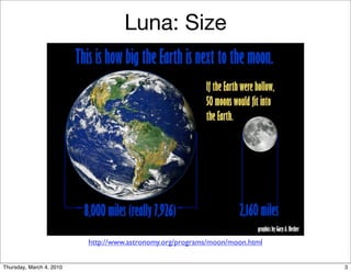Luna: Size

                                                       (red light)




                          http://www.astronomy.org/programs/moon/moon.html


Thursday, March 4, 2010                                                      3
 