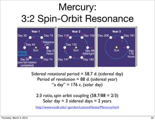 Mercury:
                 3:2 Spin-Orbit Resonance




                          Sidereal rotational period = 58.7 d. (sidereal day)
                             Period of revolution = 88 d. (sidereal year)
                                     “a day” = 176 c. (solar day)

                            2:3 ratio, spin orbit coupling (58.7/88 = 2/3)
                                Solar day = 3 sidereal days = 2 years
                            http://www.csulb.edu/~gordon/LectureNotes/Mercury.html

Thursday, March 4, 2010                                                              30
 