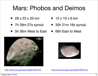Mars: Phobos and Deimos
             • 28 x 23 x 20 km                 • 12 x 10 x 6 km
             • 7h 39m 27s synod.               • 30h 21m 16s synod.
             • 5h 36m West to East • 66h East to West




     http://apod.nasa.gov/apod/ap061203.html   http://apod.nasa.gov/apod/ap951003.html

Tuesday, March 9, 2010                                                                   19
 