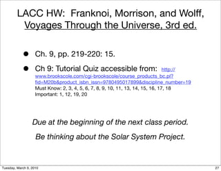 LACC HW: Franknoi, Morrison, and Wolff,
          Voyages Through the Universe, 3rd ed.


            •       Ch. 9, pp. 219-220: 15.

            •       Ch 9: Tutorial Quiz accessible from:
                    www.brookscole.com/cgi-brookscole/course_products_bc.pl?
                                                                                 http://

                    ﬁd=M20b&product_isbn_issn=9780495017899&discipline_number=19
                    Must Know: 2, 3, 4, 5, 6, 7, 8, 9, 10, 11, 13, 14, 15, 16, 17, 18
                    Important: 1, 12, 19, 20




                  Due at the beginning of the next class period.
                    Be thinking about the Solar System Project.


Tuesday, March 9, 2010                                                                     27
 