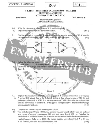 CODE NO: A109210204 SET - 1R09
II B.TECH - I SEMESTER EXAMINATIONS – MAY, 2011
ELECTRICAL CIRCUITS
(COMMON TO EEE, ECE, ETM)
Time: 3hours Max. Marks: 75
Answer any FIVE questions
All Questions Carry Equal Marks
- - -
1.a) Write the volt-ampere relationship of R, L and C elements.
b) Explain the independent and dependent sources. [8+7]
2. Find the voltage to be applied across ‘A-B’ in order to drive a current of 10 A into the
circuit as shown in below figure 1 using star-delta transformation. [15]
Figure 1
3.a) Define the following terms:
i) RMS value ii) Average value iii) Form factor iv) Peak factor
b) Determine the average and effective values of saw-tooth waveform as shown in below
figure 2. [7+8]
Figure 2
4.a) Explain the procedure to draw the locus diagram of R-L series circuit when L is varying.
b) A series RLC circuit has to be designed so that it has a band width of 320 Hz and
inductance of the coil is 0.2H. It is has to resonate at 350Hz, determine the resistance of
coil and capacitance of condenser. If the applied voltage is 150V, determine the voltage
across capacitor and coil. [7+8]
5.a) Compare and contrast electric and magnetic circuit.
b) Two coils having 500 and 1000 turns, respectively, are wound side by side on a closed
iron circuit of area of cross-section 100 cm2
and mean length 800 cm. Calculate the
coefficients of self induction of the two coils and the mutual induction between the two.
Neglect leakage. Take μr as 2000. If a current steadily grows from 0 to 1 A in 0.1 sec,
in the first coil, find emf induced in the other coil. [7+8]
 