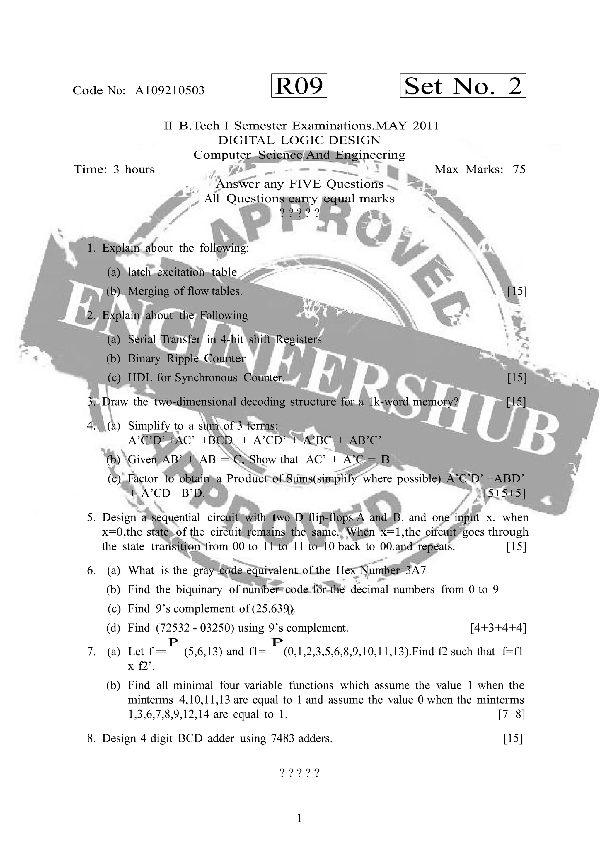 R09 Set No. 2Code No: A109210503
1
II B.Tech I Semester Examinations,MAY 2011
DIGITAL LOGIC DESIGN
Computer Science And Engineering
Time: 3 hours Max Marks: 75
Answer any FIVE Questions
All Questions carry equal marks
? ? ? ? ?
1. Explain about the following:
(a) latch excitation table
(b) Merging of flow tables. [15]
2. Explain about the Following
(a) Serial Transfer in 4-bit shift Registers
(b) Binary Ripple Counter
(c) HDL for Synchronous Counter. [15]
3. Draw the two-dimensional decoding structure for a 1k-word memory? [15]
4. (a) Simplify to a sum of 3 terms:
A’C’D’ +AC’ +BCD + A’CD’ + A’BC + AB’C’
(b) Given AB’ + AB = C, Show that AC’ + A’C = B
(c) Factor to obtain a Product of Sums(simplify where possible) A’C’D’ +ABD’
+ A’CD +B’D. [5+5+5]
5. Design a sequential circuit with two D flip-flops A and B. and one input x. when
x=0,the state of the circuit remains the same. When x=1,the circuit goes through
the state transition from 00 to 11 to 11 to 10 back to 00.and repeats. [15]
6. (a) What is the gray code equivalent of the Hex Number 3A7
(b) Find the biquinary of number code for the decimal numbers from 0 to 9
(c) Find 9’s complement of (25.6391)0
(d) Find (72532 - 03250) using 9’s complement. [4+3+4+4]
7. (a) Let f =
P
(5,6,13) and f1=
P
(0,1,2,3,5,6,8,9,10,11,13).Find f2 such that f=f1
x f2’.
(b) Find all minimal four variable functions which assume the value 1 when the
minterms 4,10,11,13 are equal to 1 and assume the value 0 when the minterms
1,3,6,7,8,9,12,14 are equal to 1. [7+8]
8. Design 4 digit BCD adder using 7483 adders. [15]
? ? ? ? ?
 