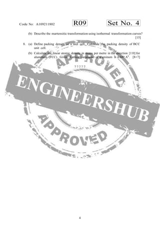 4
R09 Set No. 4Code No: A109211802
(b) Describe the martensitic transformation using isothermal transformation curves?
[15]
8. (a) Define packing density of a unit cell. Calculate the packing density of BCC
unit cell.
(b) Calculate the linear atomic density in atoms per metre in the direction [110] for
aluminum (FCC). Given: Lattice parameter of aluminum is 4.049 A0
. [8+7]
? ? ? ? ?
 