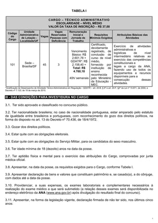 TABELA I

                                            C ARGO – TÉCNICO ADMINISTR ATIVO
                                                ESCOLARIDADE – NÍVEL MÉDIO
                                            VALOR DA TAXA DE INSCRIÇÃO – R$ 37,00
                  Unidade              Vagas     Remuneração
  Código
               Administrativa        Reservadas    Inicial e                              Requisitos               Atribuições Básicas das
    do                        Vagas
                de Lotação -        Pessoas com Jornada de                             Mínimos Exigidos                   Atividades
  Cargo
               Localidade/UF         Deficiência   Trabalho
                                                                                Certificado,
                                                                                                               Exercício de atividades
                                                                                devidamente
                                                                                                               administrativas e
                                                                   Vencimento registrado, de
                                                                                                               logísticas      de     nível
                                                                    Básico: R$  conclusão de
                                                                                                               intermediário relativas ao
                                                                    2.601,78 +  curso de nível
                                                                                                               exercício das competências
                                                                   GDATR*: R$ médio,
                   Sede –                                                                                      constitucionais e
    101                               45              3             2.158,40 =  fornecido por
                 Brasília/DF                                                                                   legais a cargo da ANA,
                                                                    Total: R$   instituição de
                                                                                                               fazendo uso de todos os
                                                                     4.760,18   ensino
                                                                                                               equipamentos e recursos
                                                                                reconhecida
                                                                                                               disponíveis para a
                                                                  40h/ semanais pelo Ministério
                                                                                                               consecução           dessas
                                                                                da Educação -
                                                                                                               atividades.
                                                                                MEC.
*Gratificação de Desempenho de Atividade Ténico-Administrativa em Regulação - GDATR – art. 20-B, § 6º e art. 20-F, §2º da Lei nº 10.871, de 2004, e
Decreto nº 7.133, de 19 de março de 2010.


III - DAS CONDIÇÕES PARA INVESTIDURA NO CARGO

3.1. Ter sido aprovado e classificado no concurso público.

3.2. Ter nacionalidade brasileira; no caso de nacionalidade portuguesa, estar amparado pelo estatuto
de igualdade entre brasileiros e portugueses, com reconhecimento do gozo dos direitos políticos, na
forma do disposto no art. 13 do Decreto nº 70.436, de 18/4/1972.

3.3. Gozar dos direitos políticos.

3.4. Estar quite com as obrigações eleitorais.

3.5. Estar quite com as obrigações do Serviço Militar, para os candidatos do sexo masculino.

3.6. Ter idade mínima de 18 (dezoito) anos na data da posse.

3.7. Ter aptidão física e mental para o exercício das atribuições do Cargo, comprovadas por junta
médica oficial.

3.8. Apresentar, na data da posse, os requisitos exigidos para o Cargo, conforme Tabela I.

3.9. Apresentar declaração de bens e valores que constituam patrimônio e, se casado(a), a do cônjuge,
com dados até a data da posse.

3.10. Providenciar, a suas expensas, os exames laboratoriais e complementares necessários à
realização do exame médico a que será submetido (a relação desses exames será disponibilizada no
endereço eletrônico da ANA (www.ana.gov.br) após divulgação do resultado final do concurso).

3.11. Apresentar, na forma da legislação vigente, declaração firmada de não ter sido, nos últimos cinco
anos:



                                                                                                                                                      2
 