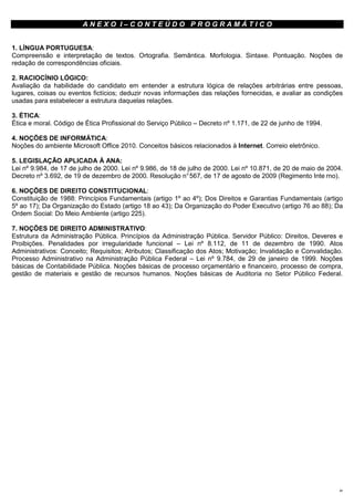 ANEXO I–CONTEÚDO PROGRAMÁTICO


1. LÍNGUA PORTUGUESA:
Compreensão e interpretação de textos. Ortografia. Semântica. Morfologia. Sintaxe. Pontuação. Noções de
redação de correspondências oficiais.

2. RACIOCÍNIO LÓGICO:
Avaliação da habilidade do candidato em entender a estrutura lógica de relações arbitrárias entre pessoas,
lugares, coisas ou eventos fictícios; deduzir novas informações das relações fornecidas, e avaliar as condições
usadas para estabelecer a estrutura daquelas relações.

3. ÉTICA:
Ética e moral. Código de Ética Profissional do Serviço Público – Decreto nº 1.171, de 22 de junho de 1994.

4. NOÇÕES DE INFORMÁTICA:
Noções do ambiente Microsoft Office 2010. Conceitos básicos relacionados à Internet. Correio eletrônico.

5. LEGISLAÇÃO APLICADA À ANA:
Lei nº 9.984, de 17 de julho de 2000. Lei nº 9.986, de 18 de julho de 2000. Lei nº 10.871, de 20 de maio de 2004.
Decreto nº 3.692, de 19 de dezembro de 2000. Resolução n° 567, de 17 de agosto de 2009 (Regimento Inte rno).

6. NOÇÕES DE DIREITO CONSTITUCIONAL:
Constituição de 1988: Princípios Fundamentais (artigo 1º ao 4º); Dos Direitos e Garantias Fundamentais (artigo
5º ao 17); Da Organização do Estado (artigo 18 ao 43); Da Organização do Poder Executivo (artigo 76 ao 88); Da
Ordem Social: Do Meio Ambiente (artigo 225).

7. NOÇÕES DE DIREITO ADMINISTRATIVO:
Estrutura da Administração Pública. Princípios da Administração Pública. Servidor Público: Direitos, Deveres e
Proibições. Penalidades por irregularidade funcional – Lei nº 8.112, de 11 de dezembro de 1990. Atos
Administrativos: Conceito; Requisitos; Atributos; Classificação dos Atos; Motivação; Invalidação e Convalidação.
Processo Administrativo na Administração Pública Federal – Lei nº 9.784, de 29 de janeiro de 1999. Noções
básicas de Contabilidade Pública. Noções básicas de processo orçamentário e financeiro, processo de compra,
gestão de materiais e gestão de recursos humanos. Noções básicas de Auditoria no Setor Público Federal.




                                                                                                               20
 