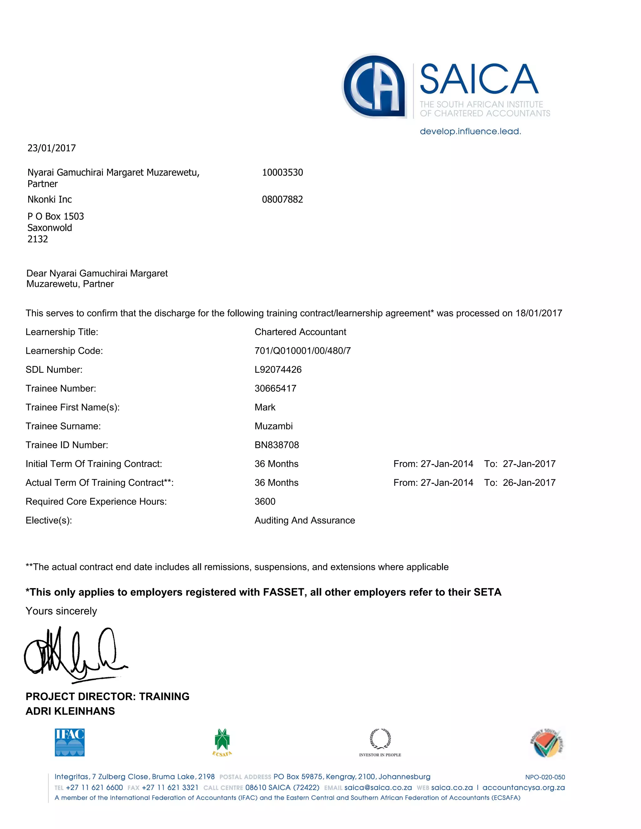 SAICA training contract discharge Certificate PDF