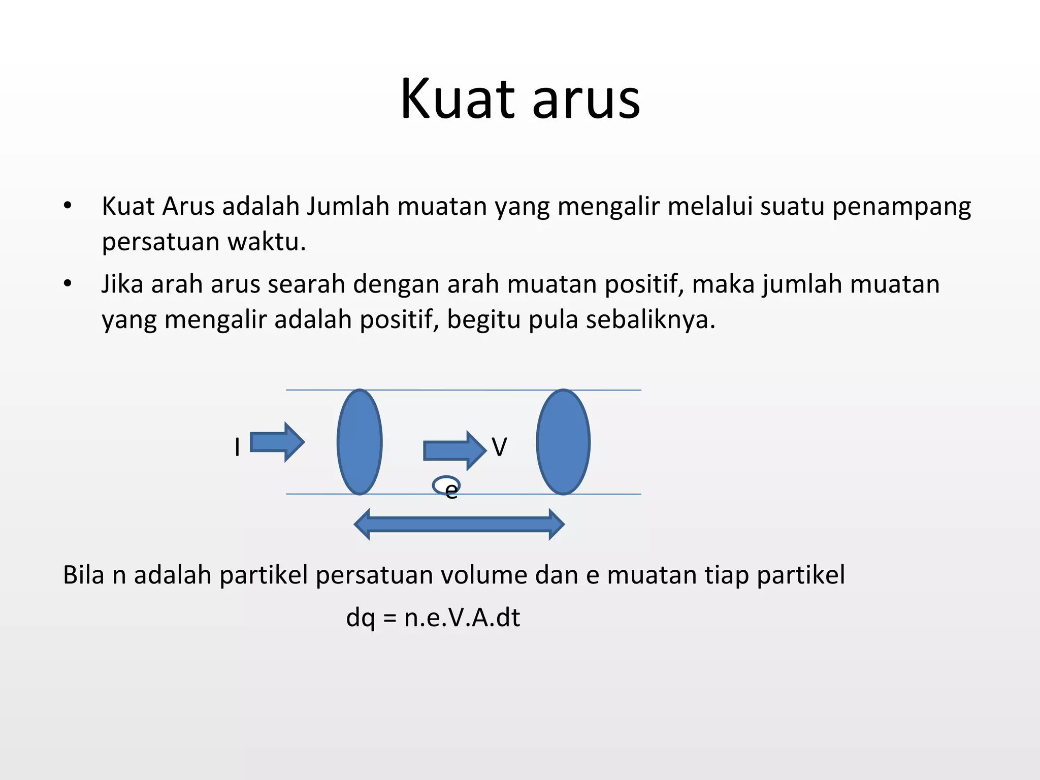 Kuat arus Kuat Arus adalah Jumlah muatan yang mengalir melalui suatu penampang persatuan waktu. Jika arah arus searah dengan arah muatan positif, maka jumlah muatan yang mengalir adalah positif, begitu pula sebaliknya. I  V e Bila n adalah partikel persatuan volume dan e muatan tiap partikel  dq = n.e.V.A.dt 