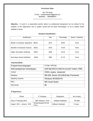 Curriculum Vitae
Ms. Priti Karav
E-mail :- nandanikarpriti19@gmail.com
MobileNo.: - 09595968619
___________________________________
Objective : To work in a responsible position where my professional background can be utilized for the
progress of the organization and to update myself with the latest technologies, so as to enable myself
establish in future.
Academic Qualification :
Qualification Year Percentage Board / University
Master in Computer Application (MCA) 2013 58.54 Pune
Bachelor of Computer Science (BCS) 2010 57.00 Pune
Higher Secondary Certificate (HSC) 2006 52.33 Pune
Secondary School Certificate (SSC) 2004 61.70 Pune
Technical Skills :
Programming languages C #.Net, ADO.Net
Web development technologies ASP.Net MVC4.0,MVC5.0,AJAX Toolkit, HTML
UI Skill CSS3, Jquery, Javascript
Database MS SQL Server 2012/08,Entity Framework
Opeating Systems Windows XP/2000/7/8
IDE’s MS Visual Studio
Web Server IIS
IT Experience :
Period IT Company Designation No of years
Since 1st February,2016 SBIT Services, Pune Software Developer Till Date
August 2014 – January 2016
Winsol Soution Pvt ltd
Pune
Software Developer 1.5 year
 