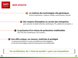 NOS ATOUTS
La maîtrise des technologies clés génériques
et leurs combinaisons : Capteurs, énergie, communication, sécurité
Une offre unique, sur mesure, maîtrisée et protégée
un patrimoine de brevet, un accès aux plateformes technologiques,
un transfert technologique maîtrisé et des garanties de confidentialité
Des moyens d’exception au service des entreprises
pour concevoir et valider (chambres anéchoïques, PTL, plateforme conception…)
La puissance d’un réseau de partenaires mobilisables
CEA, CEA TECH, Académiques, Sous-traitants…
Un accélérateur du « time-to-market » pour vos innovations
 
