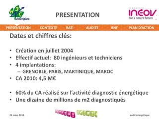 PRESENTATIONDates et chiffres clés:Création en juillet 2004Effectif actuel:  80 ingénieurs et techniciens4 implantations:GRENOBLE, PARIS, MARTINIQUE, MAROCCA 2010: 4,5 M€60% du CA réalisé sur l’activité diagnostic énergétiqueUne dizaine de millions de m2 diagnostiqués24 mars 2011audit énergétique