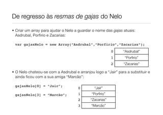 De regresso às resmas de gajas do Nelo

• Criar um array para ajudar o Nelo a guardar o nome das gajas atuais:
  Asdrubal, Porﬁrio e Zacarias:

 var gajasNelo = new Array(“Asdrubal”,“Porfirio”,“Zacarias”);
                                                          0    “Asdrubal”
                                                          1     “Porﬁrio”
                                                          2    “Zacarias”

• O Nelo chateou-se com a Asdrubal e arranjou logo a “Jair” para a substituir e
  ainda ﬁcou com a sua amiga “Marcão”:

 gajasNelo[0] = “Jair”;
                                     0         “Jair”
 gajasNelo[3] = “Marcão”;            1       “Porﬁrio”
                                     2       “Zacarias”
                                     3       “Marcão”
 