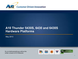 1
Customer Driven Innovation
1
Do not distribute/edit/copy without the
written consent of A10 Networks
A10 Thunder 5430S, 6430 and 6430S
Hardware Platforms
May 2013
 