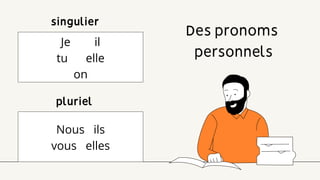 Des pronoms
personnels
singulier
pluriel
Je il
tu elle
on
Nous ils
vous elles