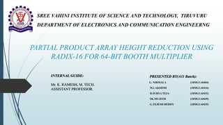 PARTIAL PRODUCT ARRAY HEIGHT REDUCTION USING
RADIX-16 FOR 64-BIT BOOTH MULTIPLIER
PRESENTED BY(A11 Batch):
G. NIRMALA (18MG1A0404)
M.LAKSHMI (18MG1A0416)
D.SURYA TEJA (18MG1A0432)
SK.MUJEEB (18MG1A0449)
G.TEJESH REDDY (18MG1A0435)
INTERNAL GUIDE:
Mr. K. RAMESH, M. TECH.
ASSISTANT PROFESSOR.
SREE VAHINI INSTITUTE OF SCIENCE AND TECHNOLOGY, TIRUVURU
DEPARTMENT OF ELECTRONICS AND COMMUNICATION ENGINEERNG
 