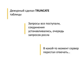 Запросы все поступали,
соединения
устанавливались, очередь
запросов росла
В какой-то момент сервер
перестал отвечать…
Дежурный сделал TRUNCATE
таблицы
 