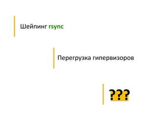 Шейпинг rsync
Перегрузка гипервизоров
???
 