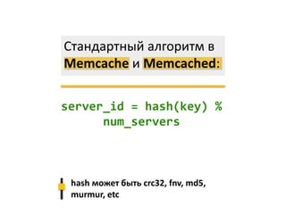 server_id = hash(key) %
num_servers
hash может быть crc32, fnv, md5,
murmur, etc
Стандартный алгоритм в
Memcache и Memcached:
 
