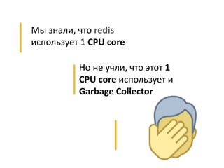 Мы знали, что redis
использует 1 CPU core
Но не учли, что этот 1
CPU core использует и
Garbage Collector
 