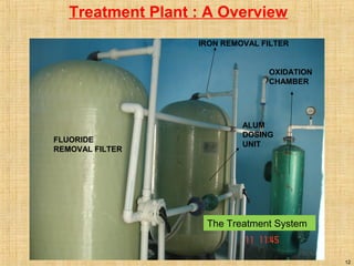 12
The Treatment System
FLUORIDE
REMOVAL FILTER
IRON REMOVAL FILTER
OXIDATION
CHAMBER
ALUM
DOSING
UNIT
Treatment Plant : A Overview
 