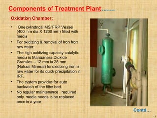 Components of Treatment Plant…….
• One cylindrical MS/ FRP Vessel
(400 mm dia X 1200 mm) filled with
media
• For oxidizing & removal of Iron from
raw water.
• The high oxidizing capacity catalytic
media is Manganese Dioxide
Granules – 12 mm to 25 mm
(Natural Mineral) for oxidizing iron in
raw water for its quick precipitation in
IRF.
• The system provides for auto
backwash of the filter bed.
• No regular maintenance required
only media needs to be replaced
once in a year
13
Contd…
Oxidation Chamber :
 