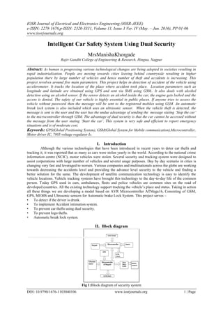 IOSR Journal of Electrical and Electronics Engineering (IOSR-JEEE)
e-ISSN: 2278-1676,p-ISSN: 2320-3331, Volume 11, Issue 3 Ver. IV (May. – Jun. 2016), PP 01-06
www.iosrjournals.org
DOI: 10.9790/1676-1103040106 www.iosrjournals.org 1 | Page
Intelligent Car Safety System Using Dual Security
MrsManishaKhorgade
Rajiv Gandhi College of Engineering & Research, Hingna, Nagpur
Abstract: As human is progressing various technological changes are being adopted in societies resulting in
rapid industrialization. People are moving towards cities leaving behind countryside resulting in higher
population there by large number of vehicles and hence number of theft and accidents is increasing. This
project revolves around five main parameters. This project helps in detection of accident of the vehicle using
accelerometer. It tracks the location of the place where accident took place. Location parameters such as
longitude and latitude are obtained using GPS and sent via SMS using GSM.. It also deals with alcohol
detection using an alcohol sensor. If the sensor detects an alcohol inside the car, the engine gets locked and the
access is denied. The safety of our vehicle is highly essential in public places. If anyone tries to access the
vehicle without password then the message will be sent to the registered mobiles using GSM. An automatic
break lock system is also included which uses an ultrasonic sensor. When the vehicle theft is detected, the
message is sent to the user and the user has the undue advantage of sending the message stating ‘Stop the car’
to the microcontroller through GSM. The advantage of dual security is that the car cannot be accessed without
the message from the user stating ‘Start the car’. This system is very safe and efficient to report emergency
situations and is of moderate cost.
Keywords: GPS(Global Positioning System), GSM(Global System for Mobile communication),Microcontroller,
Motor driver IC, 7805 voltage regulator Ic.
I. Introduction
Although the various technologies that have been introduced in recent years to deter car thefts and
tracking it, it was reported that as many as cars were stolen yearly in the world. According to the national crime
information centre (NCIC), motor vehicles were stolen. Several security and tracking system were designed to
assist corporations with large number of vehicles and several usage purposes. Day by day scenario in cities is
changing very fast and leveraged to worsen. Various companies and multinationals across the globe are working
towards decreasing the accidents level and providing the advance level security to the vehicle and finding a
better solution for the same. The development of satellite communication technology is easy to identify the
vehicle locations. Vehicle tracking systems have brought this technology to the day-to-day life of the common
person. Today GPS used in cars, ambulances, fleets and police vehicles are common sites on the road of
developed countries. All the existing technology support tracking the vehicle‟s place and status. Taking in action
all these things we are developing a model based on AVR Microcontroller ATMega16, Consisting of GSM,
GPS, MEMS and Ultrasonic sensors for Automatic brake Lock System. This project serves –
• To detect if the driver is drunk.
• To implement Accident intimation system.
• To prevent car thefts using dual security.
• To prevent logo thefts.
• Automatic break lock system.
II. Block diagram
Fig 1:Block diagram of security system
 