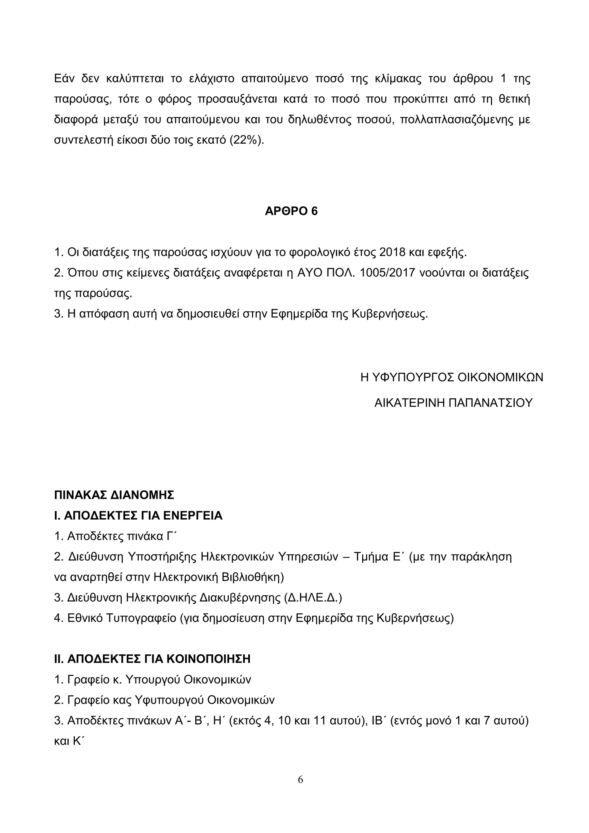 6
Εάν δεν καλύπτεται το ελάχιστο απαιτούμενο ποσό της κλίμακας του άρθρου 1 της
παρούσας, τότε ο φόρος προσαυξάνεται κατά το ποσό που προκύπτει από τη θετική
διαφορά μεταξύ του απαιτούμενου και του δηλωθέντος ποσού, πολλαπλασιαζόμενης με
συντελεστή είκοσι δύο τοις εκατό (22%).
ΑΡΘΡΟ 6
1. Οι διατάξεις της παρούσας ισχύουν για το φορολογικό έτος 2018 και εφεξής.
2. Όπου στις κείμενες διατάξεις αναφέρεται η ΑΥΟ ΠΟΛ. 1005/2017 νοούνται οι διατάξεις
της παρούσας.
3. Η απόφαση αυτή να δημοσιευθεί στην Εφημερίδα της Κυβερνήσεως.
Η ΥΦΥΠΟΥΡΓΟΣ ΟΙΚΟΝΟΜΙΚΩΝ
ΑΙΚΑΤΕΡΙΝΗ ΠΑΠΑΝΑΤΣΙΟΥ
ΠΙΝΑΚΑΣ ΔΙΑΝΟΜΗΣ
Ι. ΑΠΟΔΕΚΤΕΣ ΓΙΑ ΕΝΕΡΓΕΙΑ
1. Αποδέκτες πινάκα Γ΄
2. Διεύθυνση Υποστήριξης Ηλεκτρονικών Υπηρεσιών – Τμήμα Ε΄ (με την παράκληση
να αναρτηθεί στην Ηλεκτρονική Βιβλιοθήκη)
3. Διεύθυνση Ηλεκτρονικής Διακυβέρνησης (Δ.ΗΛΕ.Δ.)
4. Εθνικό Τυπογραφείο (για δημοσίευση στην Εφημερίδα της Κυβερνήσεως)
ΙΙ. ΑΠΟΔΕΚΤΕΣ ΓΙΑ ΚΟΙΝΟΠΟΙΗΣΗ
1. Γραφείο κ. Υπουργού Οικονομικών
2. Γραφείο κας Υφυπουργού Οικονομικών
3. Αποδέκτες πινάκων Α΄- Β΄, Η΄ (εκτός 4, 10 και 11 αυτού), ΙΒ΄ (εντός μονό 1 και 7 αυτού)
και Κ΄
ΑΔΑ: ΩΝ2Α46ΜΠ3Ζ-0ΕΧ
 