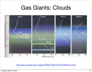 Gas Giants: Clouds




                      http://lasp.colorado.edu/~bagenal/3720/CLASS17/17GiantPlanets1.html

Thursday, March 18, 2010                                                                    10
 