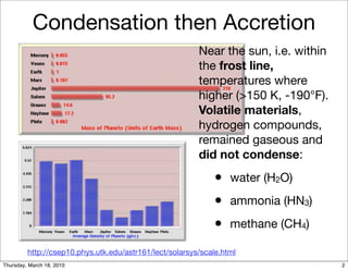 Condensation then Accretion
                                                         Near the sun, i.e. within
                                                         the frost line,
                                                         temperatures where
                                                         higher (>150 K, -190°F).
                                                         Volatile materials,
                                                         hydrogen compounds,
                                                         remained gaseous and
                                                         did not condense:
                                                             • water (H2O)
                                                             • ammonia (HN3)
                                                             • methane (CH4)
         http://csep10.phys.utk.edu/astr161/lect/solarsys/scale.html
Thursday, March 18, 2010                                                             2
 