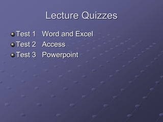 Lecture Quizzes
Test 1 Word and Excel
Test 2 Access
Test 3 Powerpoint
 