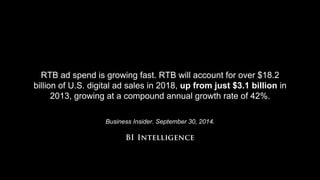 RTB ad spend is growing fast. RTB will account for over $18.2 
billion of U.S. digital ad sales in 2018, up from just $3.1 billion in 
2013, growing at a compound annual growth rate of 42%. 
Business Insider. September 30, 2014. 
 