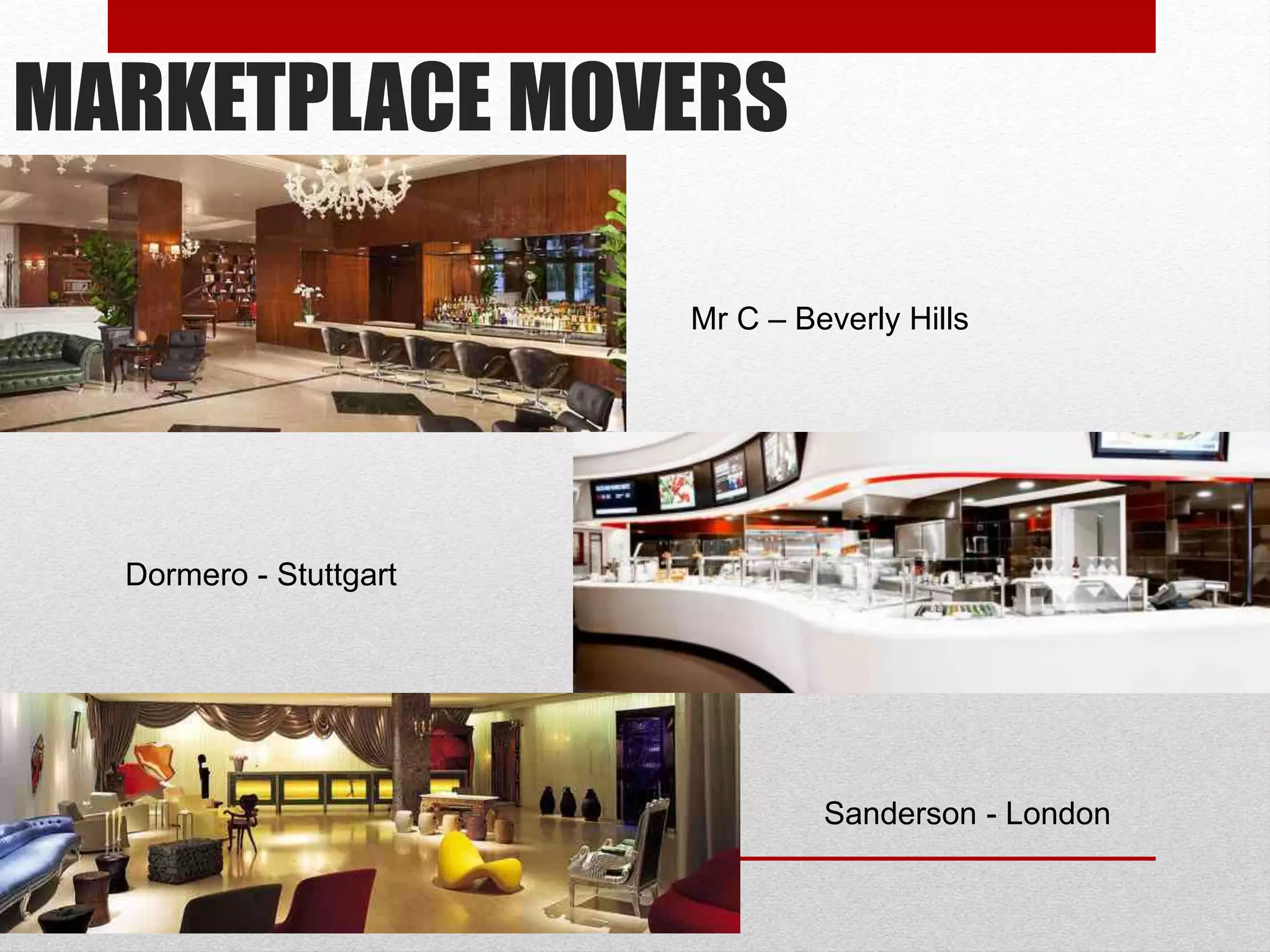 MARKETPLACE MOVERS
Mr C – Beverly Hills
Dormero - Stuttgart
Sanderson - London
 