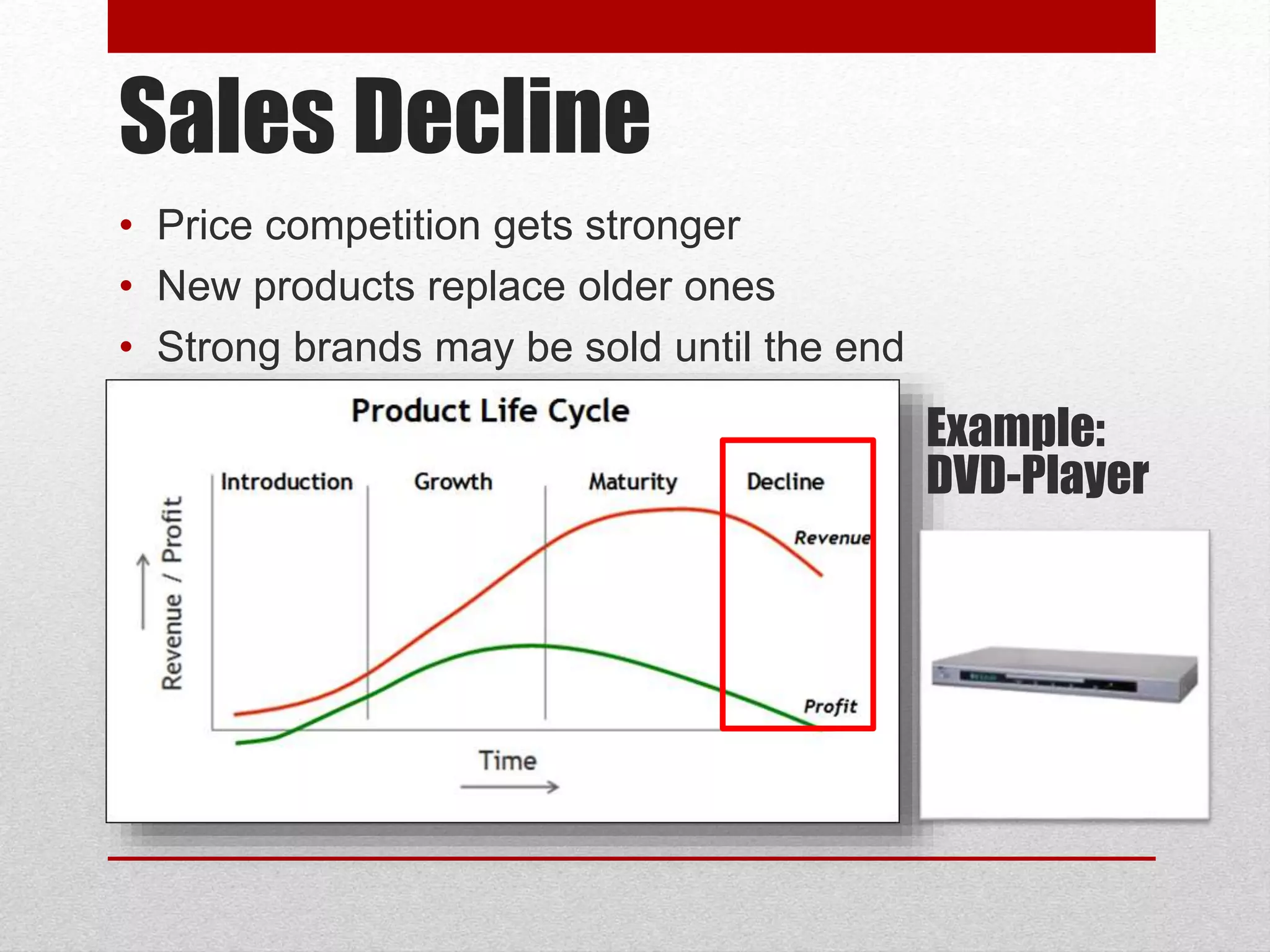Sales Decline
• Price competition gets stronger
• New products replace older ones
• Strong brands may be sold until the end
Example:
DVD-Player
 