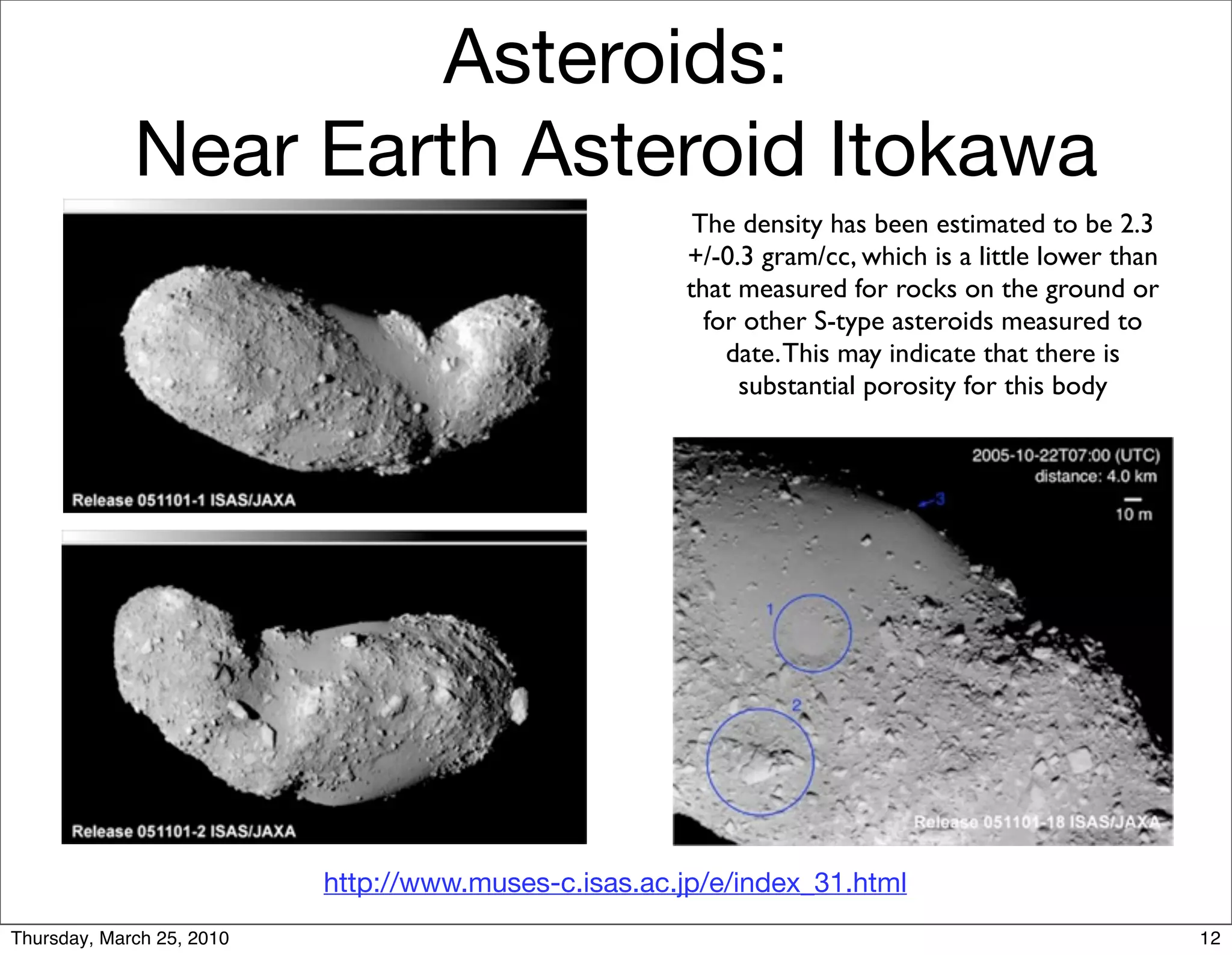 Asteroids:
             Near Earth Asteroid Itokawa
                                                        The density has been estimated to be 2.3
                                                       +/-0.3 gram/cc, which is a little lower than
                                                       that measured for rocks on the ground or
                                                         for other S-type asteroids measured to
                                                           date. This may indicate that there is
                                                            substantial porosity for this body




                           http://www.muses-c.isas.ac.jp/e/index_31.html
Thursday, March 25, 2010                                                                              12
 