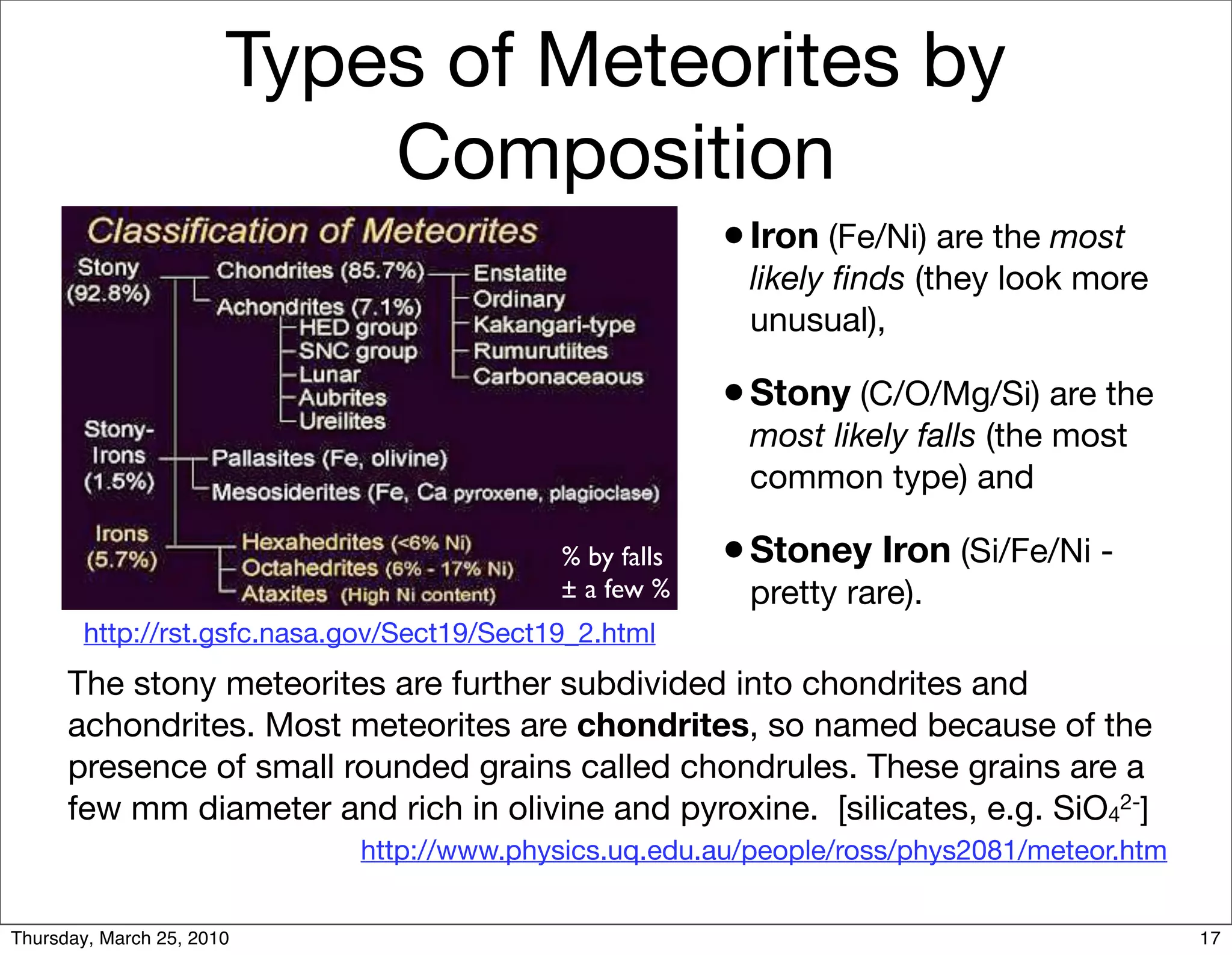 Types of Meteorites by
                           Composition
                                                          • Iron (Fe/Ni) are the most
                                                           likely ﬁnds (they look more
                                                           unusual),

                                                          • Stony (C/O/Mg/Si) are the
                                                           most likely falls (the most
                                                           common type) and

                                             % by falls   • Stoney Iron (Si/Fe/Ni -
                                             ± a few %     pretty rare).
        http://rst.gsfc.nasa.gov/Sect19/Sect19_2.html
      The stony meteorites are further subdivided into chondrites and
      achondrites. Most meteorites are chondrites, so named because of the
      presence of small rounded grains called chondrules. These grains are a
      few mm diameter and rich in olivine and pyroxine. [silicates, e.g. SiO42-]
                             http://www.physics.uq.edu.au/people/ross/phys2081/meteor.htm


Thursday, March 25, 2010                                                                    17
 
