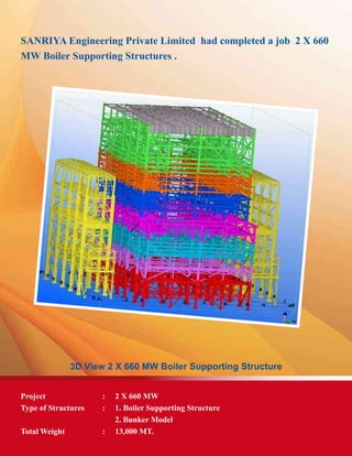 SANRIYA Engineering Private Limited had completed a job 2 X 660
MW Boiler Supporting Structures .
3D View 2 X 660 MW Boiler Supporting Structure
Project	 : 	 2 X 660 MW
Type of Structures	 :	 1. Boiler Supporting Structure
		 2. Bunker Model
Total Weight	 : 	 13,000 MT.
 