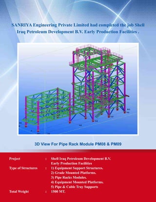 SANRIYA Engineering Private Limited had completed the job Shell
Iraq Petroleum Development B.V. Early Production Facilities .
3D View For Pipe Rack Module PM08 & PM09
Project	 :	 Shell Iraq Petroleum Development B.V.
		 Early Production Facilities
Type of Structures	 :	 1) Equipment Support Structures.
		 2) Grade Mounted Platforms.
		 3) Pipe Racks Modules.
		 4) Equipment Mounted Platforms.
		 5) Pipe & Cable Tray Supports
Total Weight	 : 	 1500 MT.
 