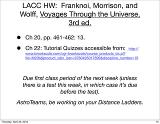 LACC HW: Franknoi, Morrison, and
                Wolff, Voyages Through the Universe,
                               3rd ed.

             •       Ch 20, pp. 461-462: 13.

             •       Ch 22: Tutorial Quizzes accessible from:              http://
                     www.brookscole.com/cgi-brookscole/course_products_bc.pl?
                     ﬁd=M20b&product_isbn_issn=9780495017899&discipline_number=19




                   Due ﬁrst class period of the next week (unless
                   there is a test this week, in which case it’s due
                                    before the test).
             AstroTeams, be working on your Distance Ladders.


Thursday, April 29, 2010                                                             10
 