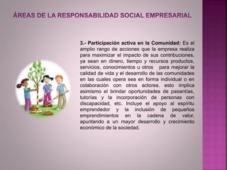 3.- Participación activa en la Comunidad: Es el
amplio rango de acciones que la empresa realiza
para maximizar el impacto de sus contribuciones,
ya sean en dinero, tiempo y recursos productos,
servicios, conocimientos u otros para mejorar la
calidad de vida y el desarrollo de las comunidades
en las cuales opera sea en forma individual o en
colaboración con otros actores. esto implica
asimismo el brindar oportunidades de pasantías,
tutorías y la incorporación de personas con
discapacidad, etc. Incluye el apoyo al espíritu
emprendedor y la inclusión de pequeños
emprendimientos en la cadena de valor,
apuntando a un mayor desarrollo y crecimiento
económico de la sociedad.
 