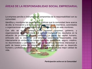 La empresa percibe e instrumenta el compromiso de la responsabilidad con su
comunidad.
Identifica y monitorea las expectativas públicas que la comunidad tiene acerca
de ella; la innovación y el involucramiento sostenido de miembros, autoridades
u organizaciones de la comunidad deben estar incluidos en este monitoreo.
Con ello se busca sinergia entre sectores (empresa, gobierno, y
organizaciones de la sociedad) que permita multiplicar los resultados en la
situación de problemas sociales comunes. La gente del capital humano,
enfocada con la visión de una empresa socialmente responsable, crea
internamente un ambiente de trabajo favorable, estimulante, seguro, creativo,
no discriminatorio y participativo en el que todos sus miembros interactúan a
partir de bases justas de integridad y respeto que propician su desarrollo
humano y profesional, contribuyendo para que alcancen una mejor calidad de
vida.
Participación activa en la Comunidad
 