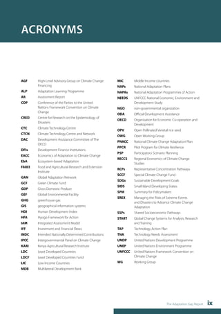 The Adaptation Gap Report ix 
ACRONYMS 
AGF High-Level Advisory Group on Climate Change 
Financing 
ALP Adaptation Learning Programme 
AR Assessment Report 
COP Conference of the Parties to the United 
Nations Framework Convention on Climate 
Change 
CRED Centre for Research on the Epidemiology of 
Disasters 
CTC Climate Technology Centre 
CTCN Climate Technology Centre and Network 
DAC Development Assistance Committee of The 
OECD 
DFIs Development Finance Institutions 
EACC Economics of Adaptation to Climate Change 
EbA Ecosystem-based Adaptation 
FAREI Food and Agricultural Research and Extension 
Institute 
GAN Global Adaptation Network 
GCF Green Climate Fund 
GDP Gross Domestic Product 
GEF Global Environmental Facility 
GHG greenhouse gas 
GIS geographical information systems 
HDI Human Development Index 
HFA Hyogo Framework for Action 
IAM Integrated Assessment Model 
IFF Investment and Financial Flows 
INDC Intended Nationally Determined Contributions 
IPCC Intergovernmental Panel on Climate Change 
KARI Kenya Agricultural Research Institute 
LDC Least Developed Countries 
LDCF Least Developed Countries Fund 
LIC Low Income Countries 
MDB Multilateral Development Bank 
MIC Middle Income countries 
NAPs National Adaptation Plans 
NAPAs National Adaptation Programmes of Action 
NEEDS UNFCCC National Economic, Environment and 
Development Study 
NGO non-governmental organization 
ODA Official Development Assistance 
OECD Organisation for Economic Co-operation and 
Development 
OPV Open Pollinated Varietal rice seed 
OWG Open Working Group 
PNACC National Climate Change Adaptation Plan 
PPCR Pilot Program for Climate Resilience 
PSP Participatory Scenario Planning 
RECCS Regional Economics of Climate Change 
Studies 
RCPs Representative Concentration Pathways 
SCCF Special Climate Change Fund 
SDGs Sustainable Development Goals 
SIDS Small Island Developing States 
SPM Summary for Policymakers 
SREX Managing the Risks of Extreme Events 
and Disasters to Advance Climate Change 
Adaptation 
SSPs Shared Socioeconomic Pathways 
START Global Change Systems for Analysis, Research 
and Training 
TAP Technology Action Plan 
TNA Technology Needs Assessment 
UNDP United Nations Development Programme 
UNEP United Nations Environment Programme 
UNFCCC United Nations Framework Convention on 
Climate Change 
WG Working Group 
 
